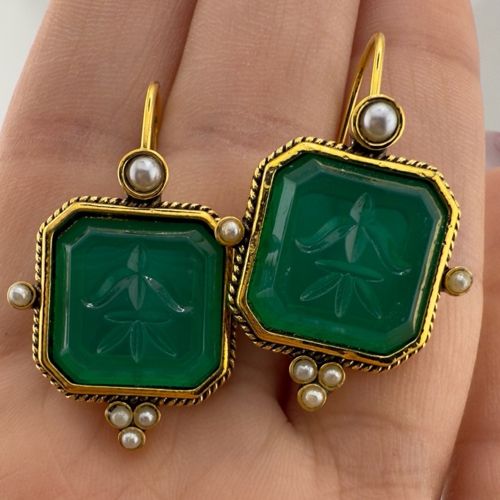 Vintage Anthropologie Elegant Green and Gold Earrings With Pearl Accents